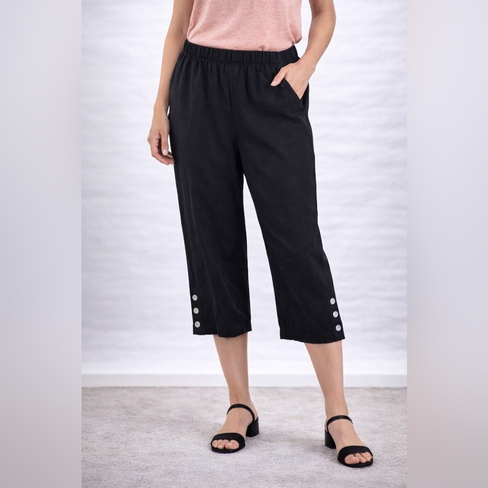 Women’s 100% Linen Cropped Pants Small Black Lagenlook Pockets Coastal G…